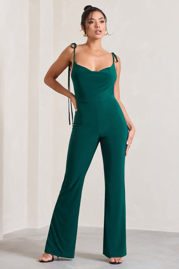 Pose Bottle Green Cowl-Neck Strappy flared-Leg Jumpsuit